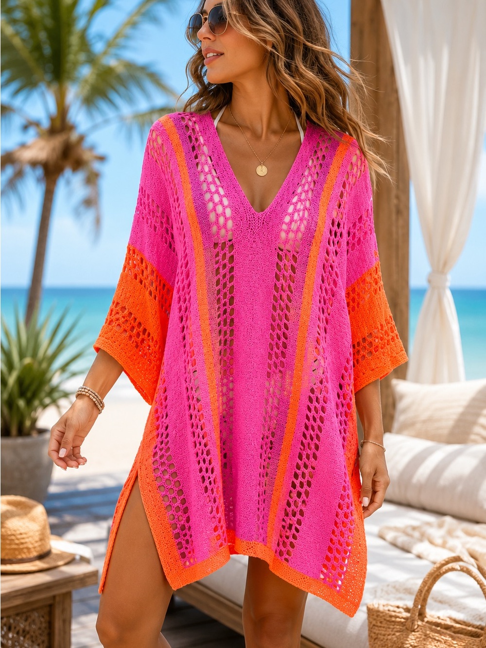 Shiraleah Lauren Crochet Swim Cover-Up | Neon Pink & Orange | OS | NWOT